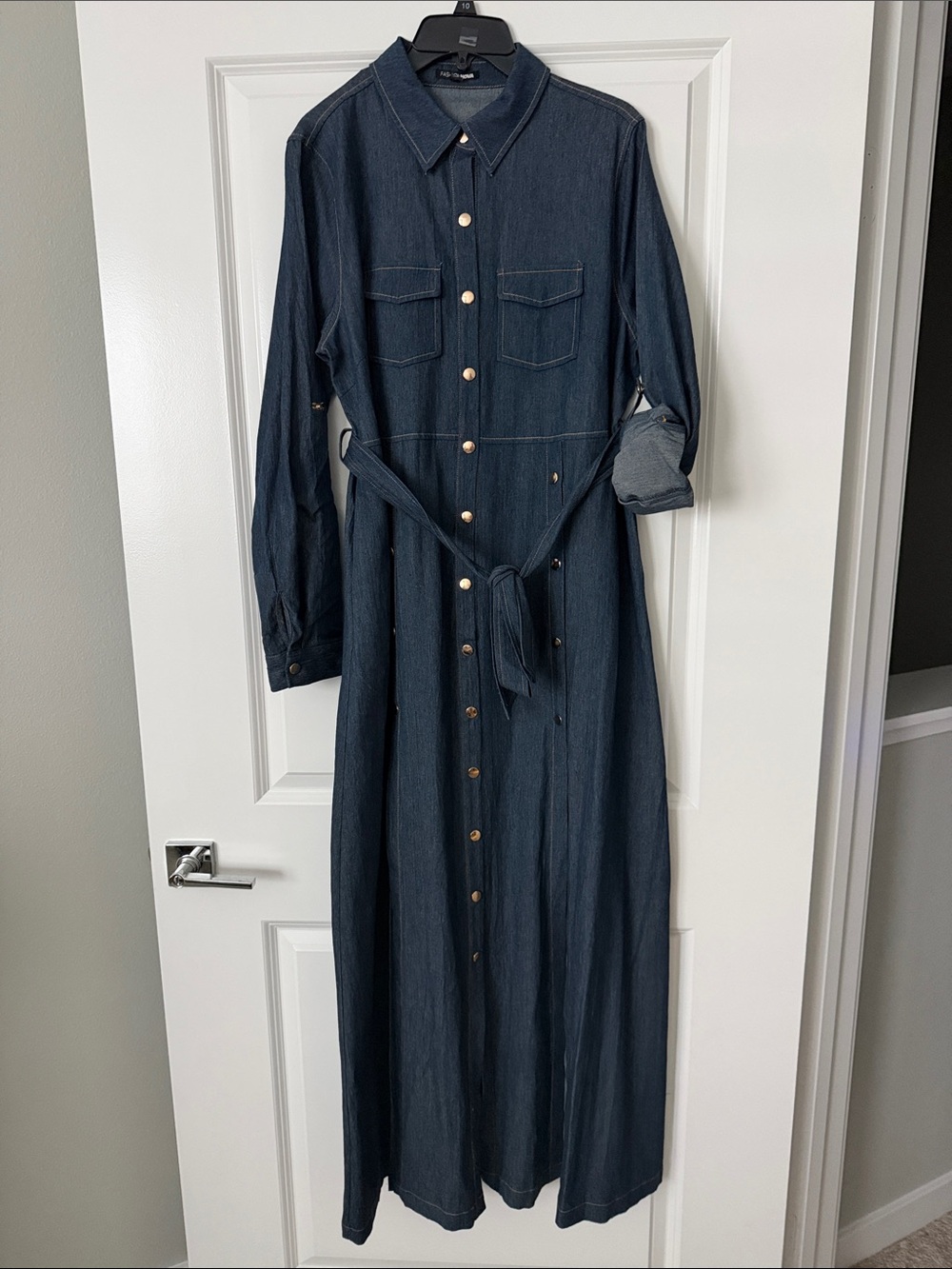 Fashion Nova Dark Blue Long Denim Shirt Dress with Tie Waist